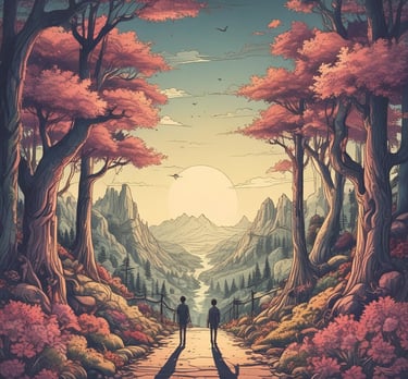 a man and woman walking down a path in the woods