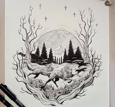Lobos corriendo. Rotuladores calibrados en papel Ingres A4.