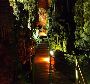 View of stalactites and stalagmites in Psychro Cave (Dikteon Cave) in Crete