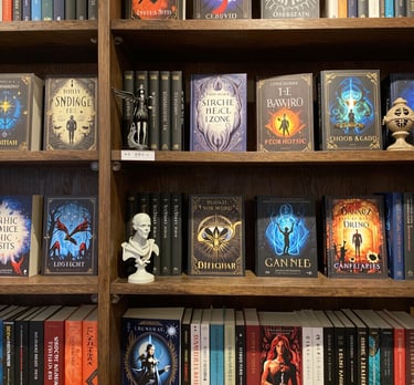 A cozy bookshelf filled with colorful fantasy novels and fairy tale books.