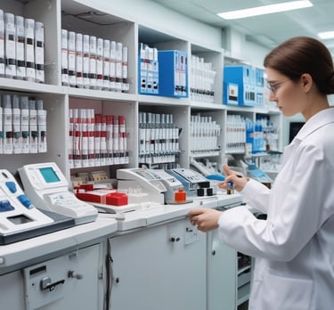 A person wearing a white lab coat and blue gloves is working in a laboratory setting surrounded by various lab equipment. Brightly colored storage boxes in red, yellow, blue, and purple are stacked on shelves. The individual is handling test tubes and operating a piece of laboratory machinery.