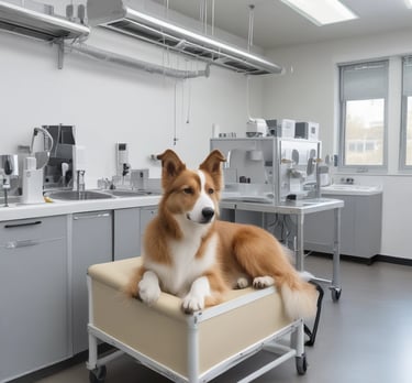 A laboratory instrument with multiple pipettes aligned over a tray is dispensing liquid into small wells. The background features part of a machine interface with buttons.