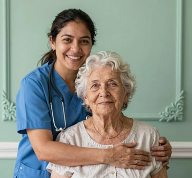 Warm and professional scene of a caregiver gently assisting an elderly person at home.