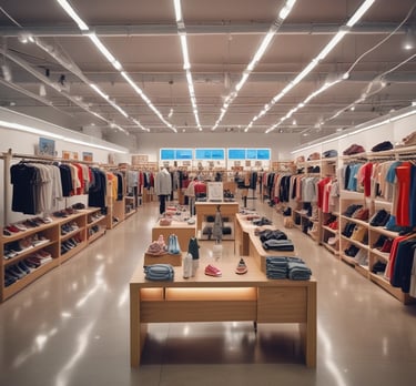A spacious retail store with bright lighting and neatly arranged clothing and footwear displays. Mannequins wearing children's outfits are prominently featured in the foreground, while various clothes and shoes are organized on racks and shelves throughout the store. People are seen browsing and shopping in the background, adding a lively atmosphere to the setting.