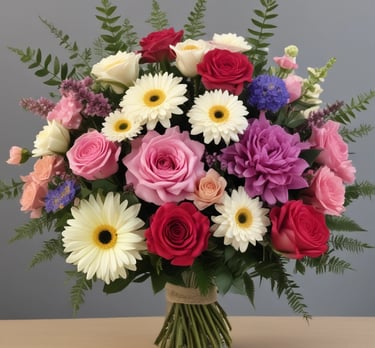 A bustling flower shop with vibrant floral arrangements behind glass. Several people are gathered outside, admiring the array of colorful flowers, including lilies and roses. The shop is well-lit, creating a warm and inviting atmosphere.