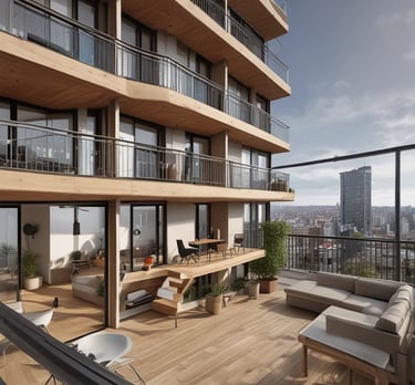 A bustling city street filled with new construction and real estate signage.