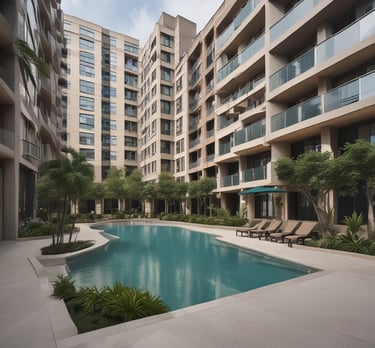 A modern residential building with a clear blue sky in the background.