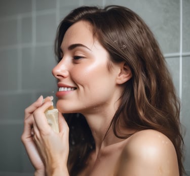 A blue bottle of natural shampoo featuring keratin and ginseng is placed on a tiled surface. The bottle is adorned with a floral design and is topped with a red flower. A turquoise towel is positioned to the right, and a purple leafy branch with red petals lies to the left.