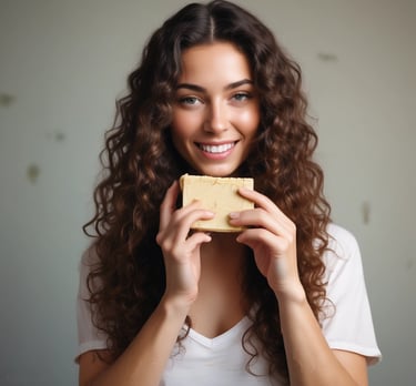 A bar of natural, handcrafted soap is placed in the foreground, with its texture showing small flecks of ingredients. In the background, two soap boxes are slightly blurred, with green and white labels, indicating a focus on natural or organic ingredients.