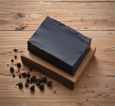 A hand is holding a bar of handmade soap with a label that reads 'Vya Naturals' featuring ingredients like activated charcoal and cedarwood. The background includes pieces of black soap or material placed on a wooden surface.