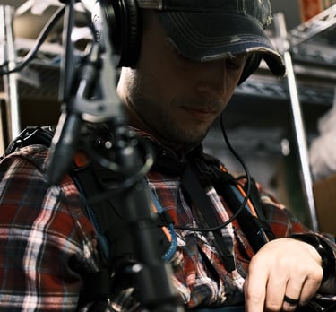 Production company crew member wearing a hat, operating a camera on a tripod