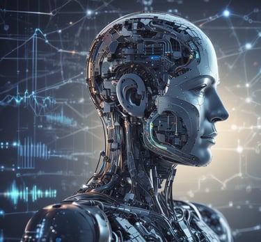 A sleek digital dashboard displaying data streams, AI neural networks, and cloud icons in dark blue and white tones