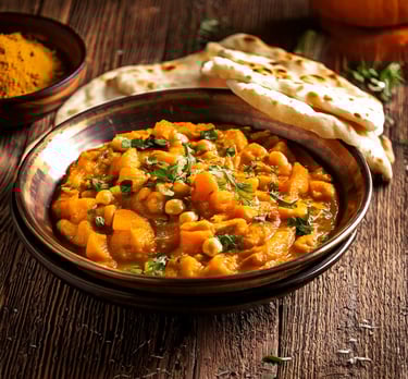 a bowl of kumro chola with naan bread