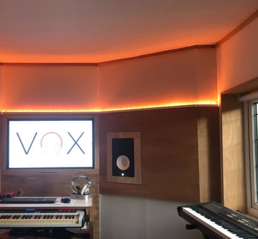 Two keyboards and a speaker in Vox Music Recording Studio in Manchester