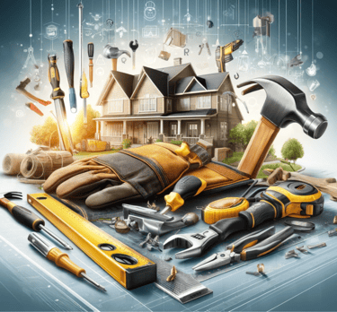 A collection of home maintenance tools surrounding a modern house, symbolizing professional property