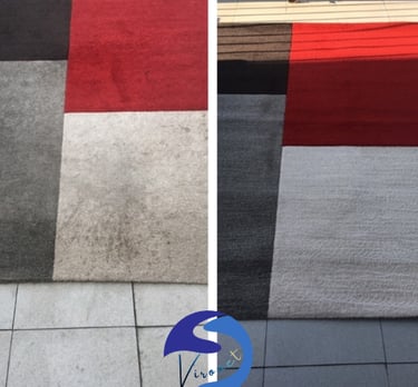 Avant-après du nettoyage d’un tapis noircí et encrassé, redevenu propre et éclatant après traitement