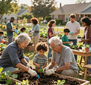 A diverse group of adults and children engaging in a community workshop.