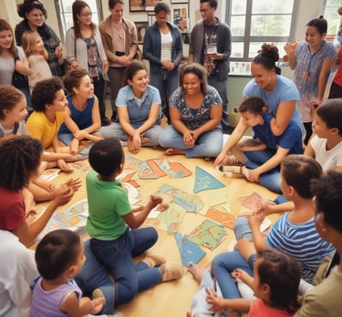 A diverse group of adults and children engaging in a community workshop.