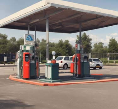 A modern gas station with digital management displays.