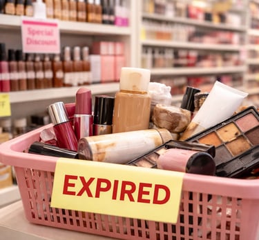 basket with expired cosmetic stock at cosmetic retail store