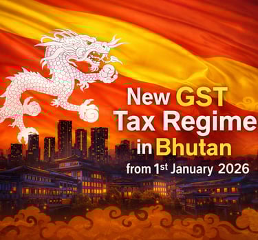 GST Tax Regime in Bhutan showing Bhutanese flag and businesses