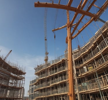 Curved wooden beams and metal architectural elements create a complex and modern structural design. The lines of the materials form an intricate pattern, suggesting a contemporary building or structure with an emphasis on engineering and aesthetics.