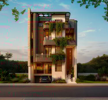 Render final de Casa 43 con fachada moderna y vegetación vertical.