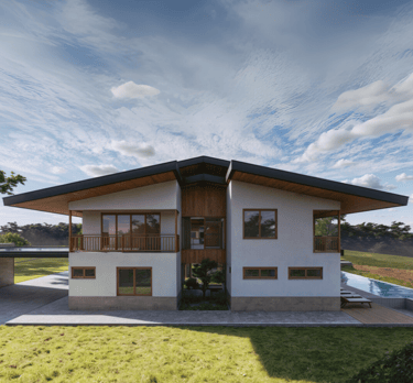 Fachada frontal de casa estilo tropical contemporáneo en La Danta