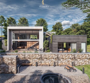 Fachada moderna en concreto y madera, con zona exterior y fogata.