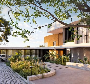 Fachada moderna con jardines y diseño volumétrico.