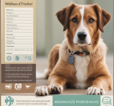 A white dog is sitting on a bed facing away from the camera. In front of the dog, there are several pet care products, including treats and oils labeled Botaneo, arranged neatly on the bed. The background features white bedding and a white nightstand with a white lamp.