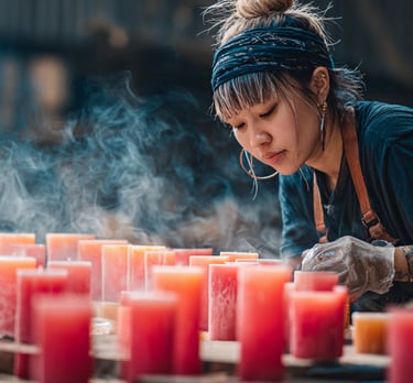 a woman in a black shirt and a black headband checking over the new candles she made