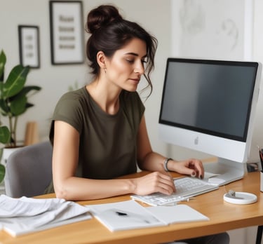 a woman sitting at a desk with a computer and a keyboard ready to work on her online business