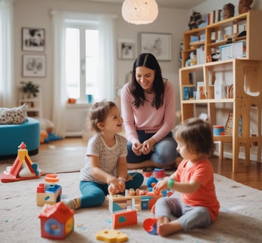 a woman and two young children playing with blocks at her in-home daycare
