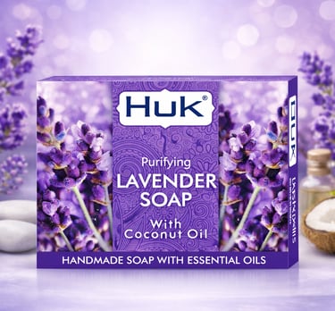 Huk purifying lavender bar soap with coconut oil and essential oils in a floral purple box.