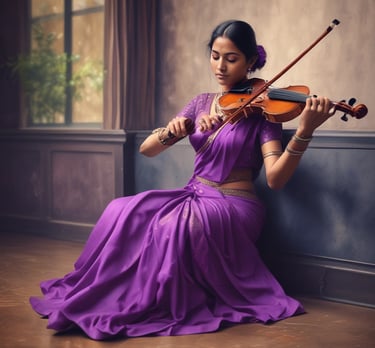 A joyful child playing sitar with a teacher guiding gently in a bright, welcoming music room.