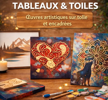 Collection of colorful artistic canvas paintings and framed wall art featuring a heart and wolf.