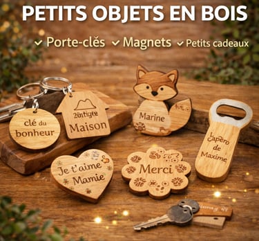 Personalized wooden gifts including engraved keychains, fox magnet, and a custom bottle opener on wood.