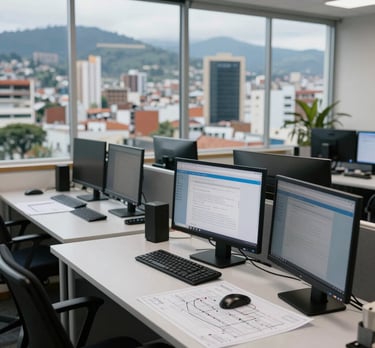 A scenic view of an engineering firm's workspace in a South American city, featuring clean desks, technical monitors, and blueprints.