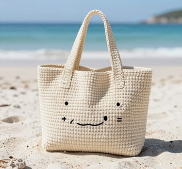 Elegant macramé beach bag hanging on a palm tree branch