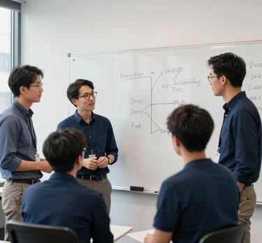 Candid photography of a group of developers collaborating around a whiteboard in a sleek North American office. Natural light, professional attire, and navy blue accents.