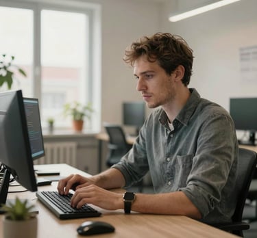 Portrait of a professional developer in a bright European office, focused on writing code. Warm, natural lighting and modern decor.