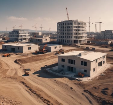 Modern construction site with workers and machinery in action.