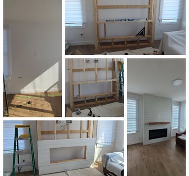 collage of building interior pop up fireplace wall with shelf cladded in shiplap construction