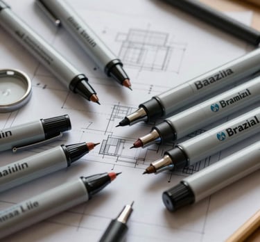 Close-up of a set of high-quality markers and pens on an architectural drawing, showcasing precision and detail oriented work in a Brazilian design studio.