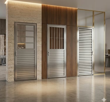Modern aluminum doors with horizontal slats and glass inserts installed in a luxury interior.