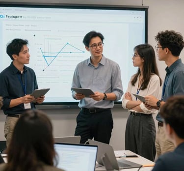 A candid, professional portrait of a modern development team collaborating around a large screen in a bright North American tech hub. The atmosphere is energetic and innovative.