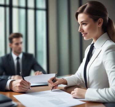 A confident businessperson shaking hands with a client, representing surety bond services.