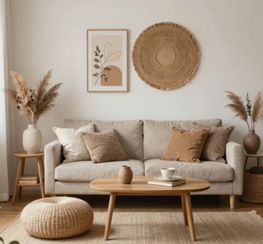 A warm, inviting living room with soft lighting, natural textures, and tasteful decor accents.