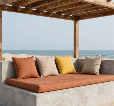 Cozy living room corner with a plush sofa and warm lighting.